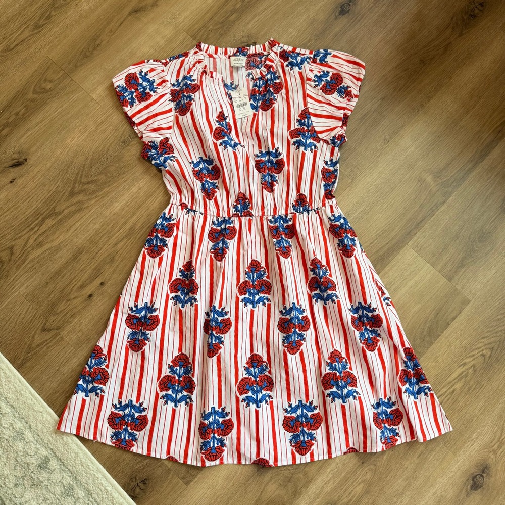 NWT J.Crew Factory Willa Dress Size 10 Red White Striped Floral Block Print